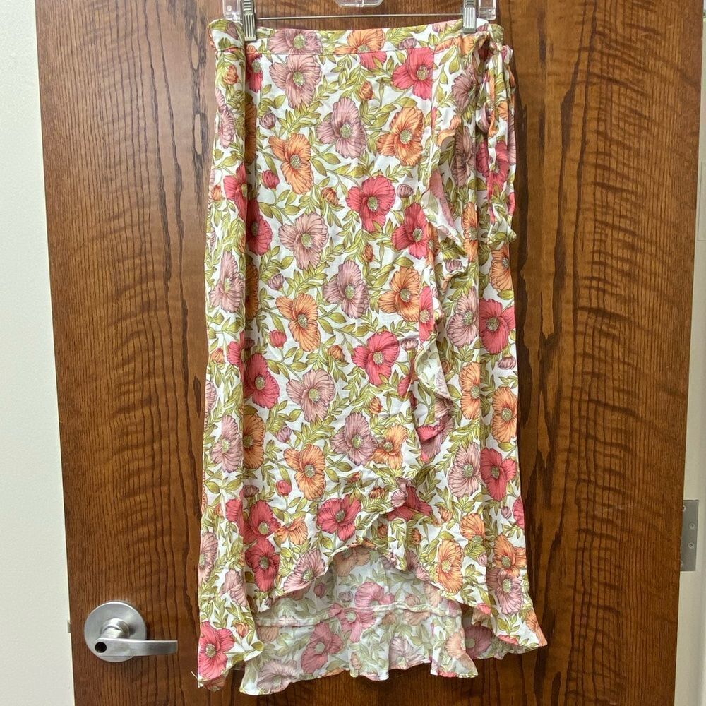 Cupcakes and Cashmere Roxanne pink floral midi ruffle wrap around skirt